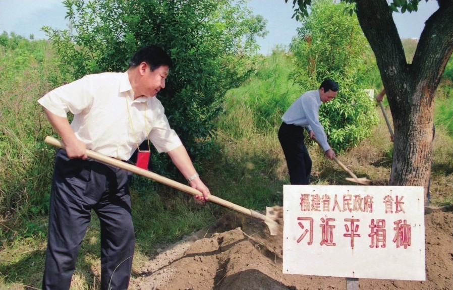 2001年10月，習(xí)近平在龍巖市長(zhǎng)汀縣調(diào)研水土流失治理工作，在河田世紀(jì)生態(tài)園為樹培土。圖源：《習(xí)近平在福建（下）》