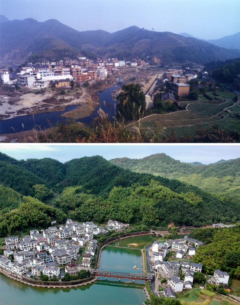 圖為浙江省杭州市淳安縣楓樹(shù)嶺鎮下姜村拼版圖，其中上圖為資料照片、下圖由新華社記者張鋮攝。